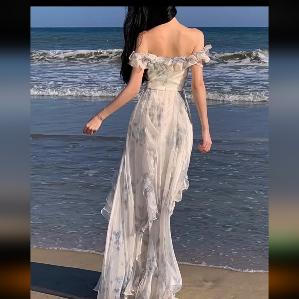 Size M Elegant Off-Shoulder Floral Maxi Dress with Ruffle Hem - Picture 2 of 16